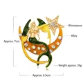 Golden mermaid on crescent moon brooch with green enamel and sparkling rhinestones - Mermaid Sitting On Moon Style (DW0222)
