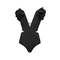 Detail of black deep V-neck swimsuit with 3D floral ruffles and a stylish waist buckle - Single Black Swimsuit