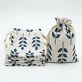 Floral drawstring cotton pouch with blue leaf pattern for gifts or sachets - 10*14cm / Blue Leaves
