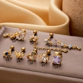 Set of 8 titanium steel piercing stud earrings with chains and colorful zircons - Cross Style (1#) / Gold