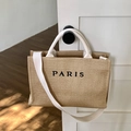 Straw tote bag with black PARIS embroidery featuring long white shoulder straps - Large Khaki