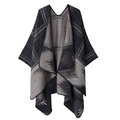 Double-sided reversible plaid shawl cape in dark and light grey houndstooth pattern - Colorful Checkered Navy Blue