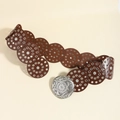 Detail of a brown leather belt with silver rings and a large floral carved metal buckle - Antique Silver Red Brown