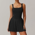 Sleeveless black pleated tennis dress with square neck and supportive wide straps - S / Premium Black