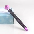 Black rhinestone pen with large pink crystal topper and purple metallic trim accents - Black