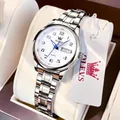 Quartz business watch with silver steel strap, white dial and blue hands on pillow - Silver White
