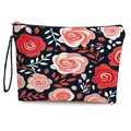 Neceser floral con patrón de rosas rojas en tela azul marino y cremallera negra - Estilo de Hoja de Rosa Azul Marino / 17*25cm