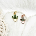 Macro detail of cactus pendants with green stones in 18K gold and rose gold plating - Potted Left Cactus 3.5*8.5mm