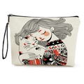 Minimalist canvas makeup bag with cute girl hugging a white cat art print and wrist strap - Girl Hugging White Cat With Wristlet (xy-083-3) / 17*25cm (Linen) with Strap