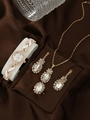 Women's quartz watch and gold leaf jewelry set with white leather strap on silk - 4-Piece Set (Watch, Necklace, Earrings, Ring) / White Zirconia Set