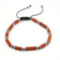 Adjustable men's beaded bracelet with reddish-brown cylinders and silver spacers - Red Stone Style (B093)