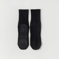 Black mid-calf cotton yoga socks with YOGA SPORTS print and non-slip silicone grips - One Size / Black