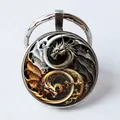 Dragon Yin Yang glass gem keychain with silver and gold metallic dragon patterns - Gold Silver Yin Yang Dragon