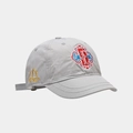 Detail of grey baseball cap showing ethnic style embroidery and golden silk totem stitching - Adjustable / Light Gray
