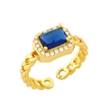 Vintage 18K gouden Cubaanse schakelring met blauwe rechthoekige zirkoon en diamanten - Open Verstelbaar / Blauw