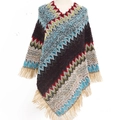 Poncho en maille ethnique avec motifs zigzag colorés et franges décoratives - Poncho pull-over / Bleu Ciel