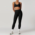 Set yoga nero da donna con reggiseno sportivo con scollo a V e leggings a vita alta - Taglia S / Top E Pantaloni / Reggiseno sportivo + Leggings / Nero premium