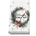 White Christmas kitchen towel with Hello Winter text and evergreen wreath print - XWJ02-5 (Winter Wreath)