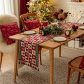 Christmas table runner with red and green reindeer patterns and decorative tassels - Christmas Checkered Pattern + Red Tassel (do Not Machine Wash)