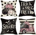 Detail of four Halloween linen pillowcases featuring pumpkins, bats and spiders - Halloween Series 4-Piece Set-28