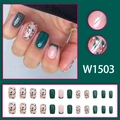 Set de 24 uñas postizas cortas cuadradas verde brillante con diseño de hojas - Estilo de Purpurina de Hoja Verde Francesa con Pan de Oro (W1503) / Tipo de Pegamento