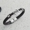 Pulsera trenzada de cuero para hombre con círculo geométrico de acero inoxidable negro - Marrón Negro (Patrón de Líneas)