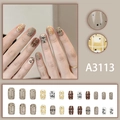 Short square coffee brown press-on nails with cartoon bear and plaid graffiti patterns - Cartoon Dog Plaid Glue Style (A3113)