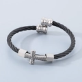 Minimalist black twisted wire steel bracelet with silver cross accent and polished ends - Black (KB147174-KLHQ)