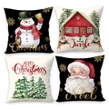 Set of 4 Christmas pillow covers featuring snowman and winter forest prints on white background - Santa Claus With A Bell / Rainbow