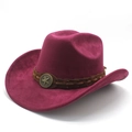 Detail of burgundy faux suede cowboy hat with vintage star emblem on decorative band - M (56-59cm) / Wine Red (Suede)