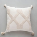 Moroccan style beige tufted cushion cover with geometric texture and corner tassels - Style F-Beige Texture Tufted