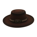 Classic dark brown wide brim western cowboy hat with metal bull head leather band - One Size / Coffee
