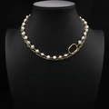Elegant double-layered necklace with white pearls and gold chain on black bust - Geometric Square Double Layer Style