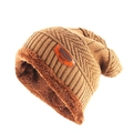 Unisex thermal knit winter beanie with thick fleece lining and leather brand patch - Khaki