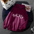 Burgundy hoodie with white heart print and ECG lines shown in a lifestyle layout - S / Tops / Burgundy
