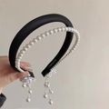 Elegant set with black leather headband and white pearl tassel hair accessory - Black Double-Layer Pearl Tassel