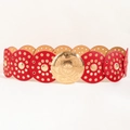 Retro red leather belt with large ornate gold round buckle and decorative metal studs - Bright Gold Red