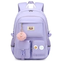 Front detail of purple backpack with pink plush charm and decorative brand labels - With Pink Fur Ball / Purple
