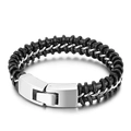 Herren Punk Lederarmband in Schwarz geflochten mit Edelstahlkette und Magnetverschluss - Silber (KB38613-D)