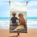 Microfiber beach towel with boy and golden retriever print on ocean pier - B78-Boy and Dog at Seaside