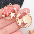 Pink and white enamel shell and starfish charms with pearl inlay for jewelry making - Pink Starfish Large Shell
