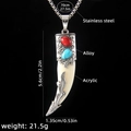 Men's wolf tooth necklace with stainless steel chain and acrylic pendant in red and turquoise - Wolf Tooth No.36 + 70cm Steel Chain