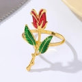 Macro detail of red rose golden napkin ring with green leaves for dining table decor - Z1128-1 (Gold Stem Red Rose)