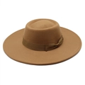 Detail of the tan wool felt boater hat featuring a ribbon band and side bow decoration - M(56-58cm) / Khaki