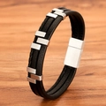 Three-layer braided black leather bracelet for men with silver magnetic steel clasp - 19cm / Black