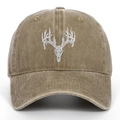 Detail of vintage washed cotton baseball cap featuring white elk skull embroidery - Khaki