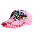 Detail of pink denim baseball cap with colorful crystal butterfly and rhinestone brim decoration - Light Pink