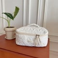 White heart-quilted travel makeup bag with ribbon detail and sturdy handle - Heart Quilted Style / White