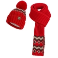 Winter knit beanie and scarf set in red featuring pom-pom and geometric jacquard pattern - Hat + Scarf / Red (2-Piece Set)