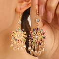 Bohemian gold sunburst earrings with colorful rhinestones and champagne crystal drops - KC Gold A-1172
